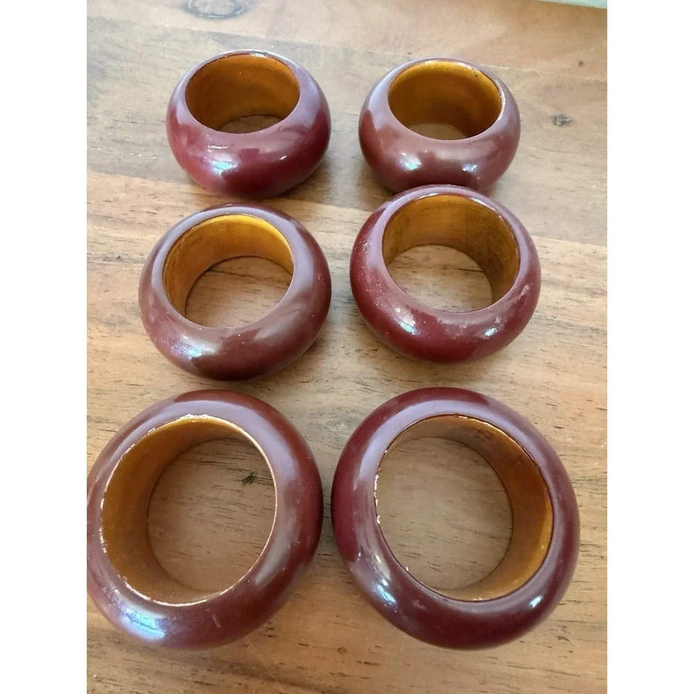 Vintage Napkin Rings Burgundy Wooden Set 6pc Decor Kitchen Dinning